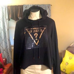 Guess Logo Reversed 🔄 Sequins in Rose Gold & Black Cropped Oversized Hoodie